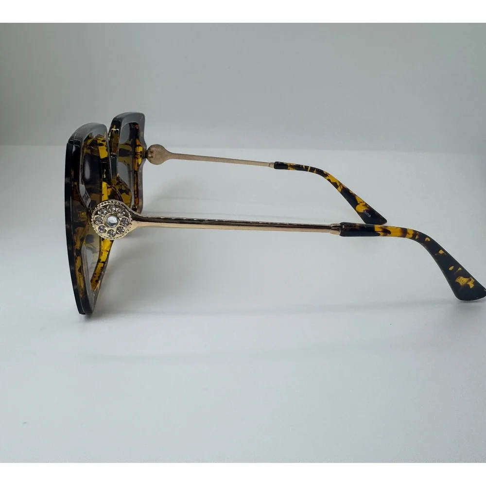 Oversized Square Tortoiseshell Sunglasses Gold Stud Crystal Medallion UV400